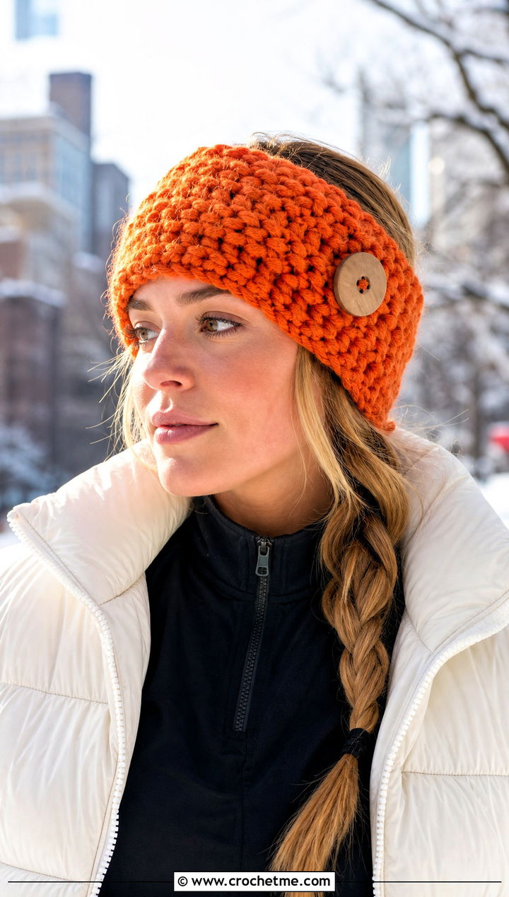 Chunky Crochet Button Ear Warmer With Puffer Jacket - 15 Crochet Button Headband outfit ideas
