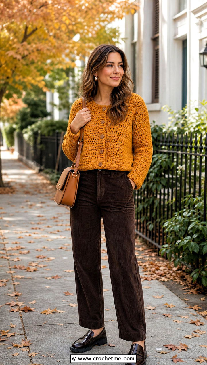 Chunky Crochet Button Top With Corduroy Pants - 35 Crochet Top With Buttons outfit ideas