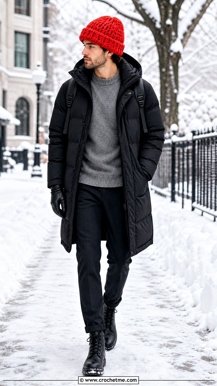 Chunky Crochet Cap With Long Puffer Coat - 35 crochet cap for men outfit ideas