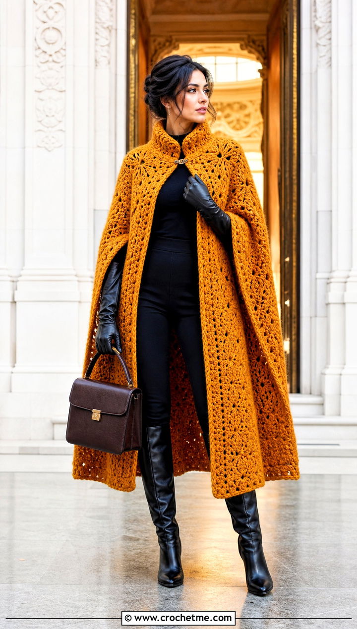 Chunky Crochet Cape Coat With Knee High Boots - 25 Chunky Crochet Coat outfit ideas
