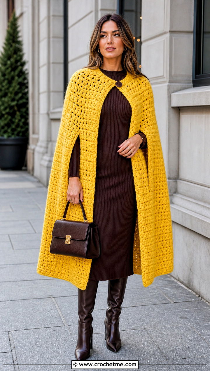 Chunky Crochet Cape Coat With Knit Dress - 15 Crochet Cape Coat outfit ideas