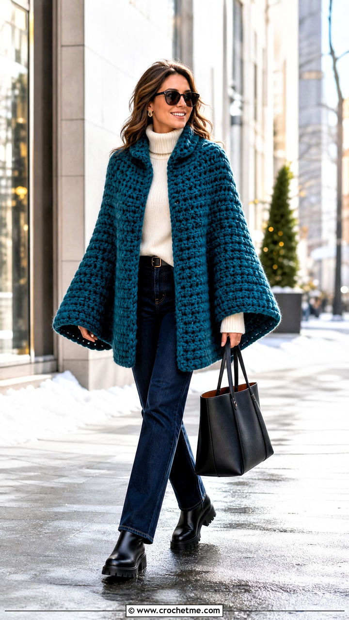 Chunky Crochet Cape With A Turtleneck And Jeans - 35 crochet cape outfit ideas