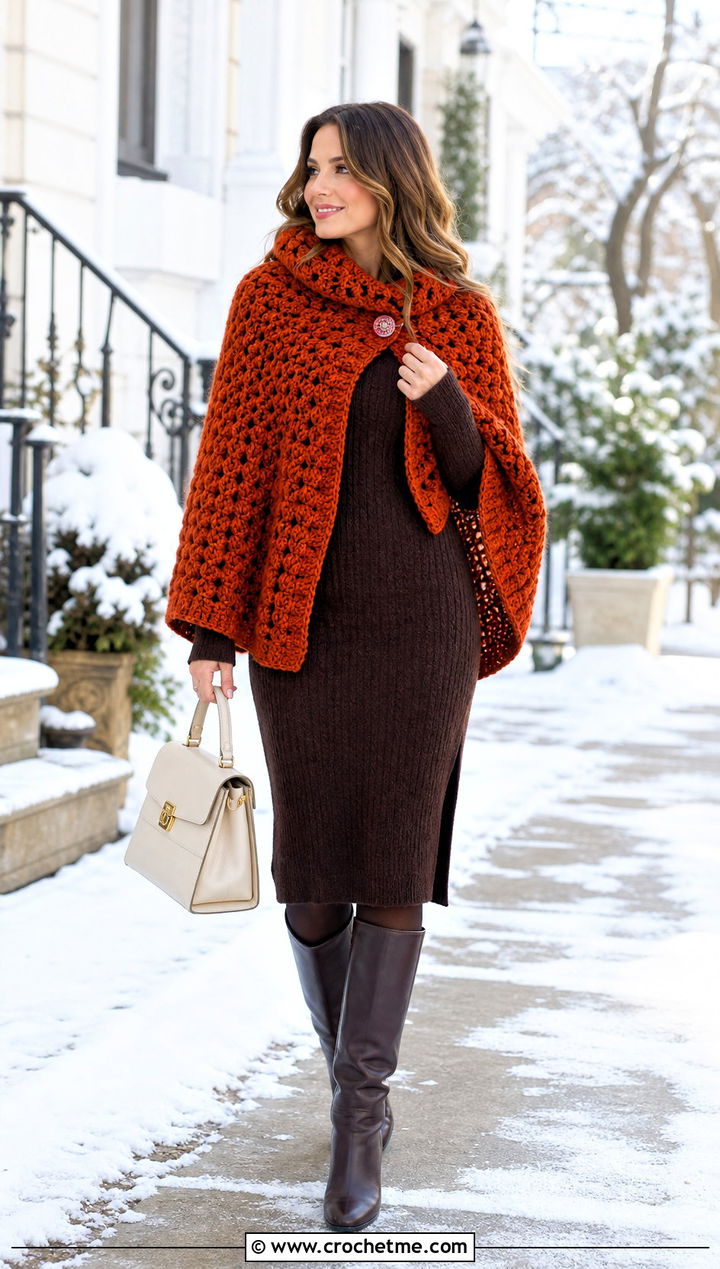 Chunky Crochet Capelet Shawl With Sweater Dress - 30 crochet caplet shawl outfit ideas