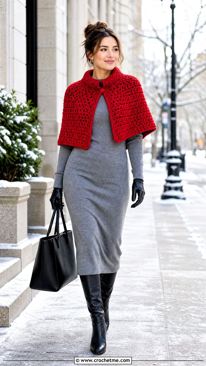 Chunky Crochet Capelet With Knit Dress - 35 crochet capelet outfit ideas
