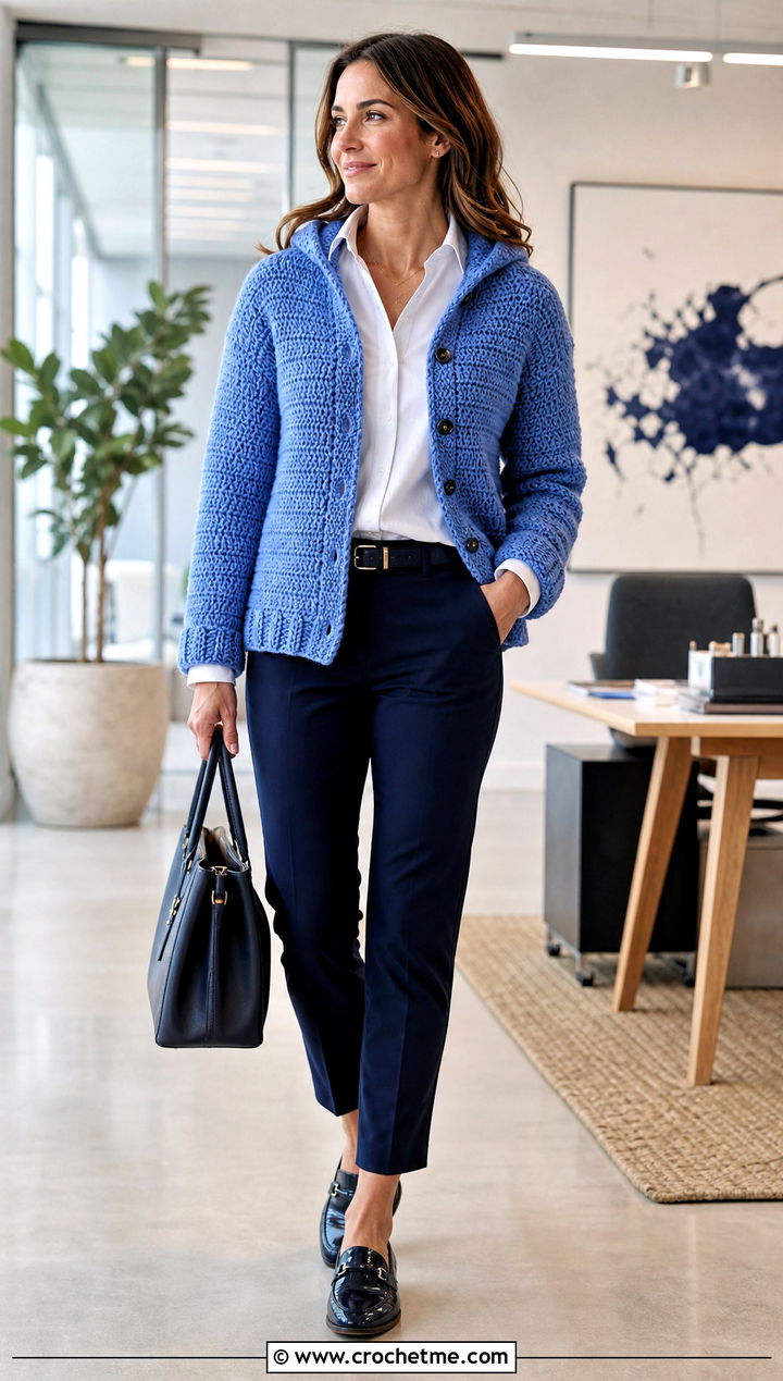 Chunky Crochet Cardigan Hoodie With Work Trousers - 25 crochet chunky hoodie outfit ideas