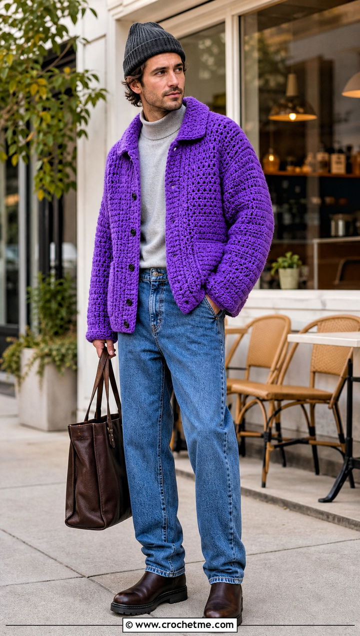 Chunky Crochet Cardigan Jacket With Relaxed Denim - 15 Crochet Mens Jacket outfit ideas