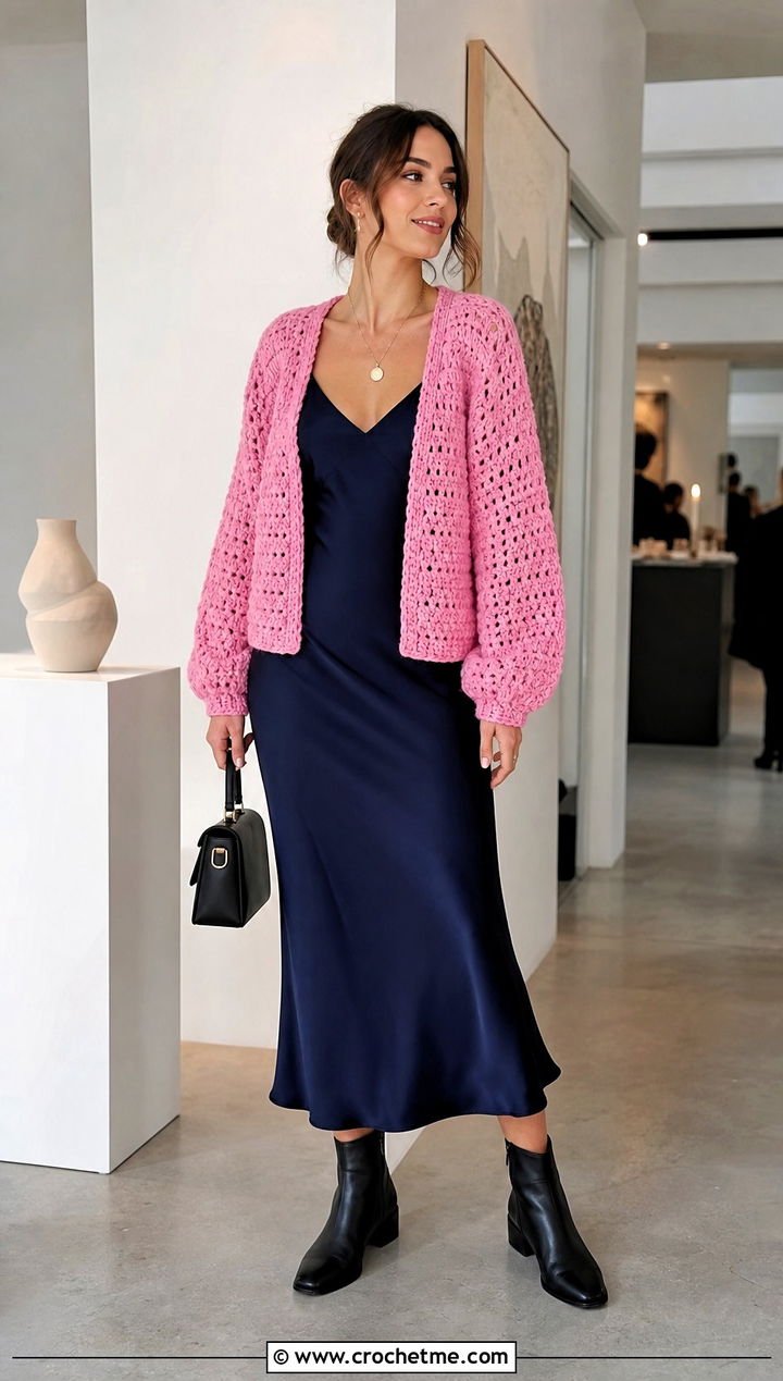 Chunky Crochet Cardigan Sweater With Slip Dress - 25 chunky yarn crochet sweater outfit ideas