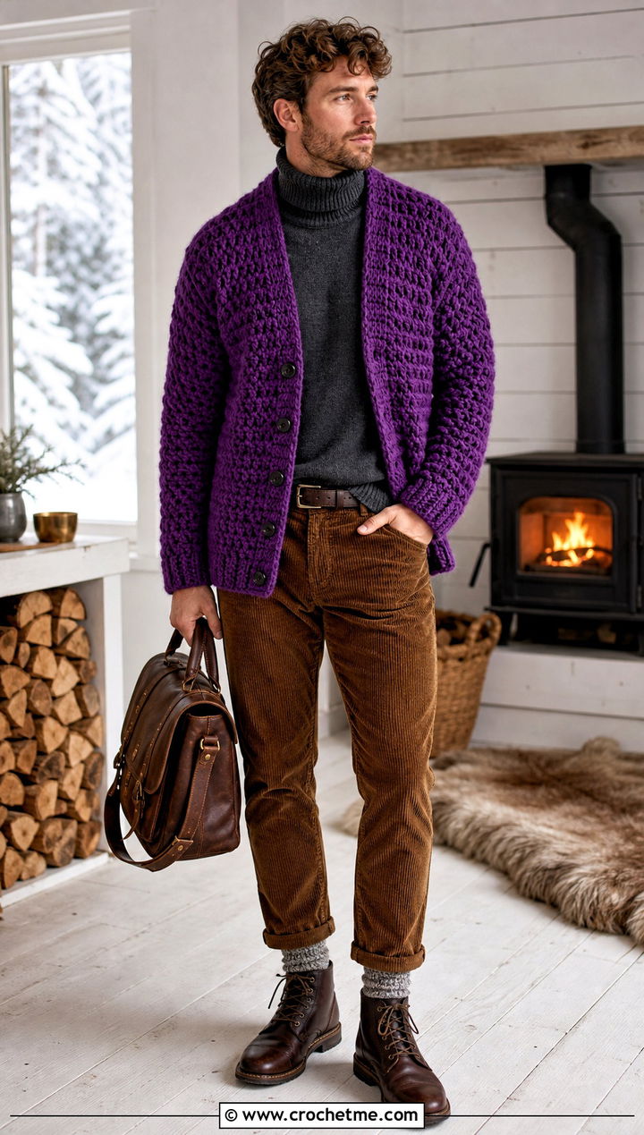 Chunky Crochet Cardigan With Corduroy Pants - 35 mens crochet cardigan outfit ideas