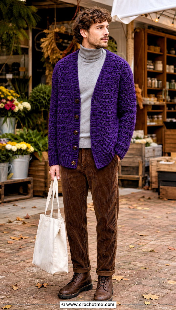Chunky Crochet Cardigan With Corduroy Pants - 30 crochet man cardigan outfit ideas