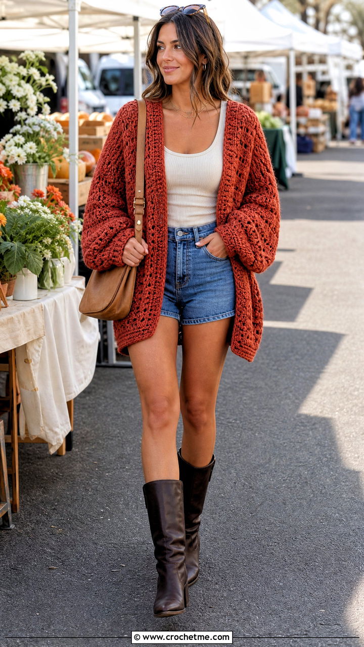 Chunky Crochet Cardigan With Denim Shorts And Boots - 35 crochet cardigans outfit ideas