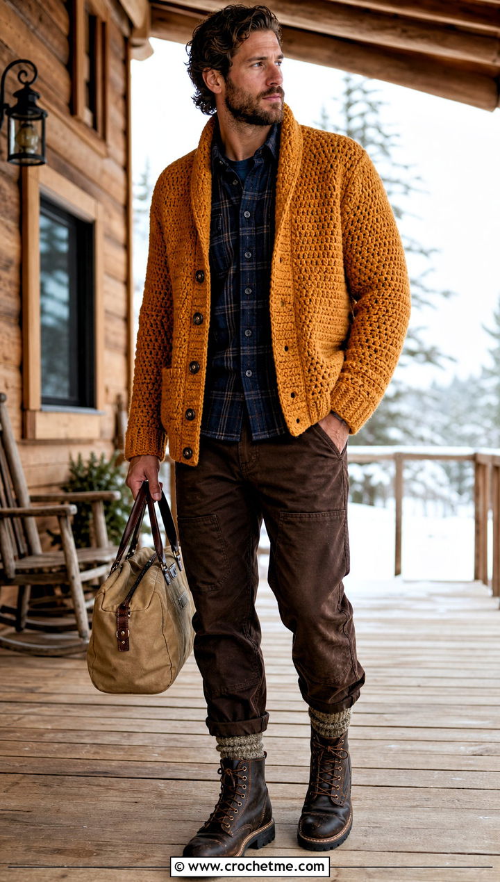Chunky Crochet Cardigan With Flannel Shirt and Workwear Pants - 20 men's crochet cardigan outfit ideas