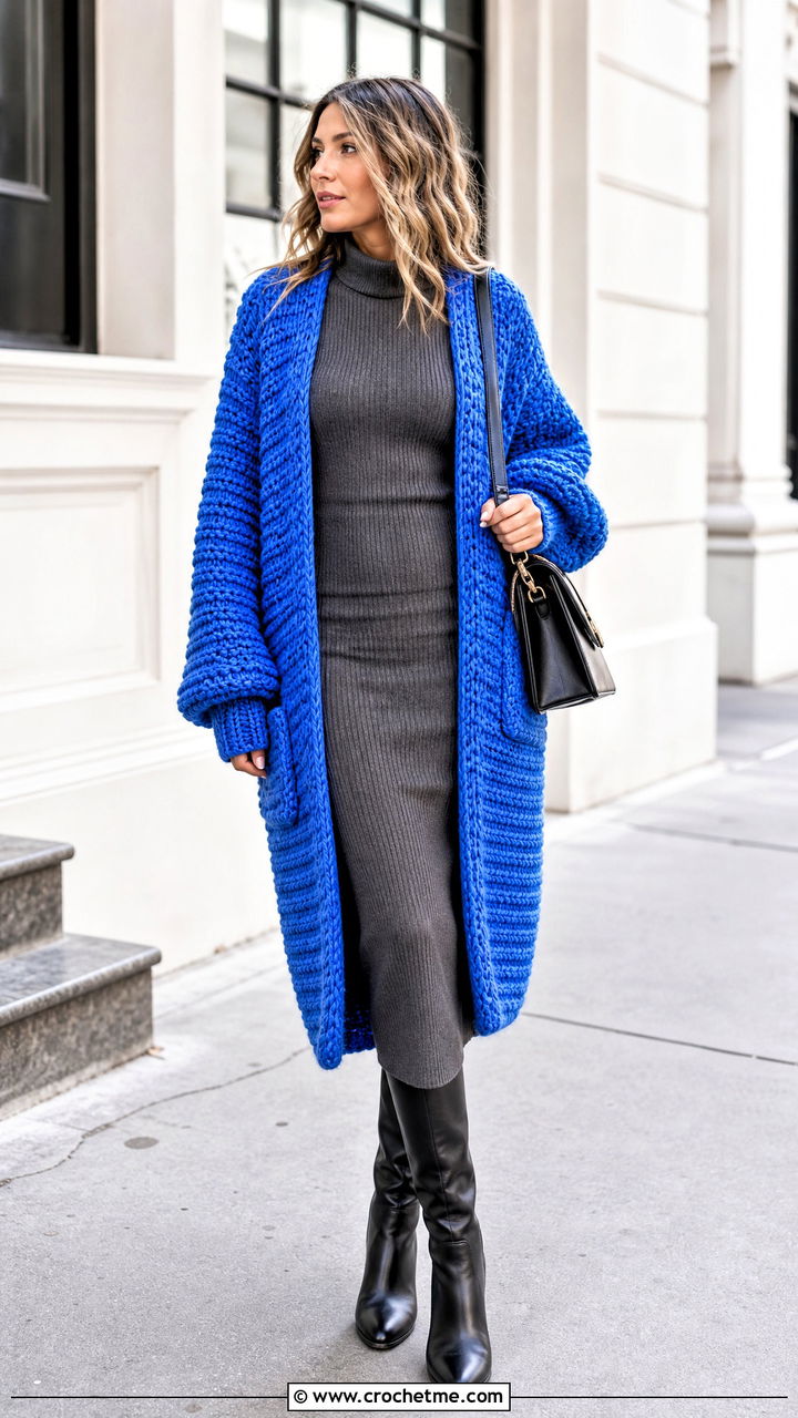 Chunky Crochet Cardigan With Knit Dress And Boots - 35 crochet cardigan women outfit ideas