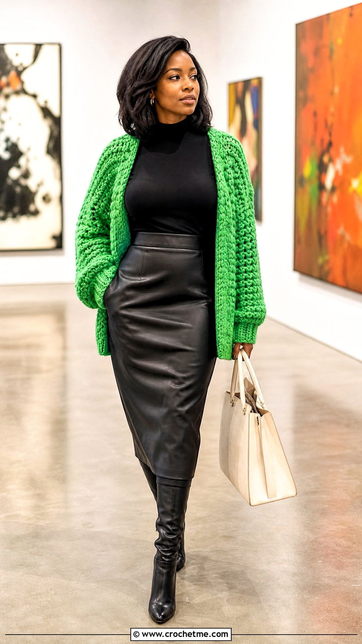 Chunky Crochet Cardigan With Leather Midi Skirt - 35 crochet outfits black women outfit ideas