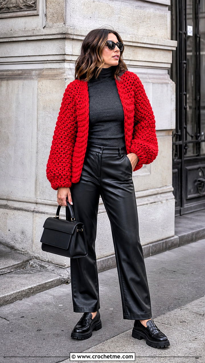 Chunky Crochet Cardigan With Leather Pants - 30 crochet women's cardigan outfit ideas