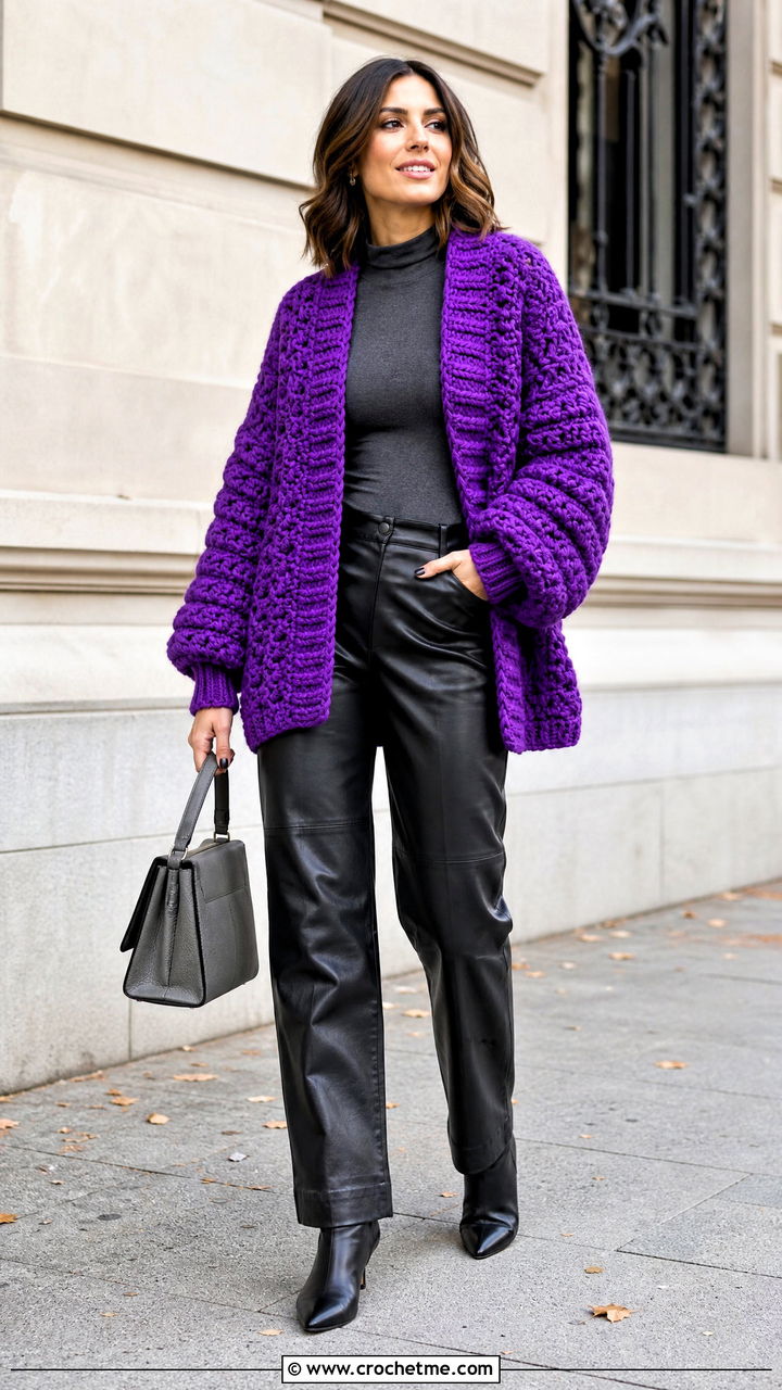 Chunky Crochet Cardigan With Leather Pants - 35 crochet cardigan ideas