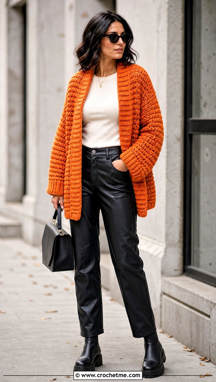Chunky Crochet Cardigan With Leather Pants - 15 Easy Crochet Cardigan Sweater outfit ideas