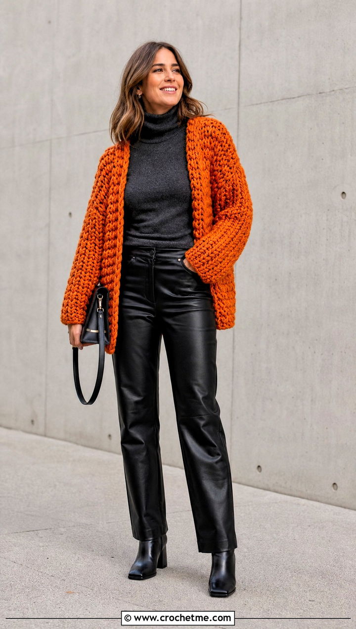 Chunky Crochet Cardigan With Leather Pants - 20 Modern Crochet Cardigan outfit ideas