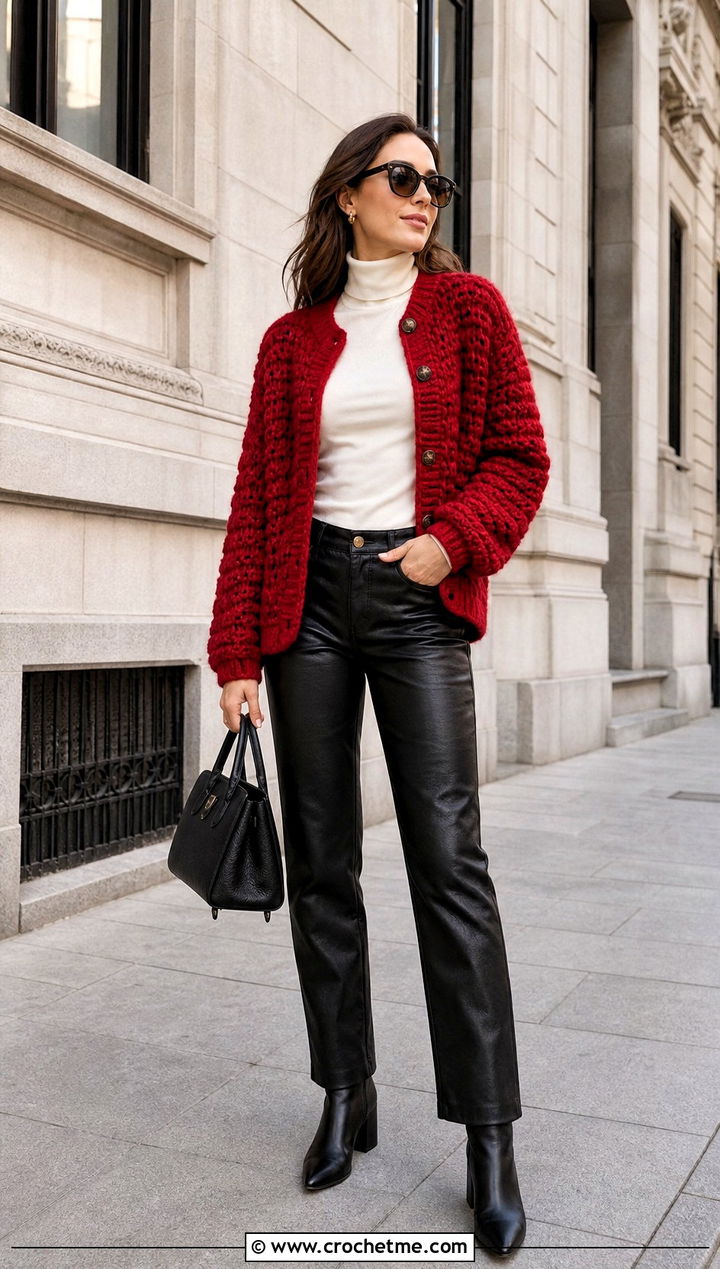 Chunky Crochet Cardigan With Leather Pants - 30 crochet for cardigans outfit ideas