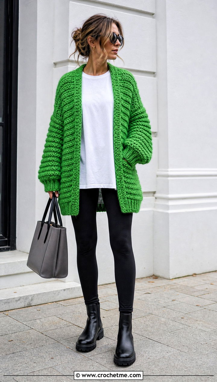 Chunky Crochet Cardigan With Leggings And Boots - 35 ladies crochet cardigan outfit ideas
