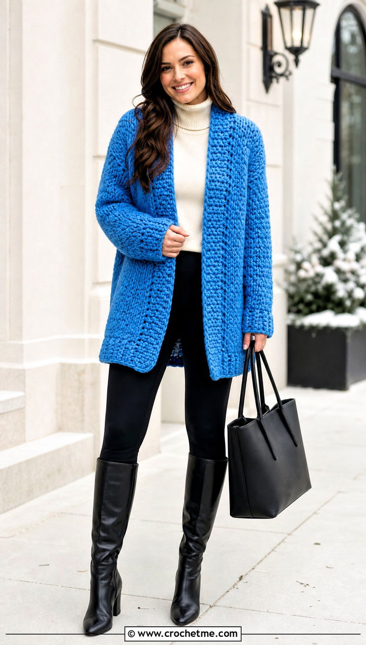 Chunky Crochet Cardigan With Leggings And Knee High Boots - 30 cute crochet clothing and outfit ideas