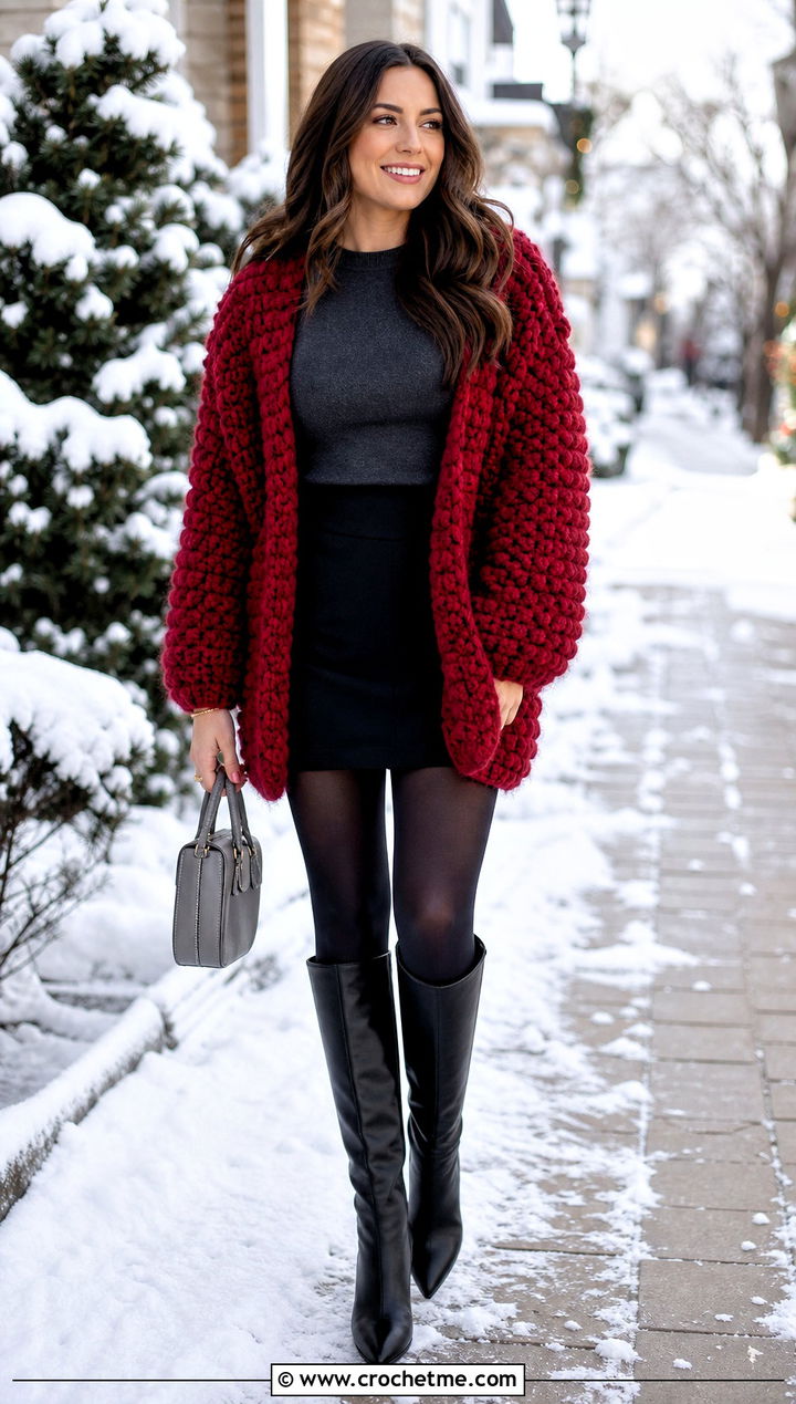 Chunky Crochet Cardigan With Mini Skirt And Boots - 20 Crochet Cardigan For Women Sweater Coats outfit ideas