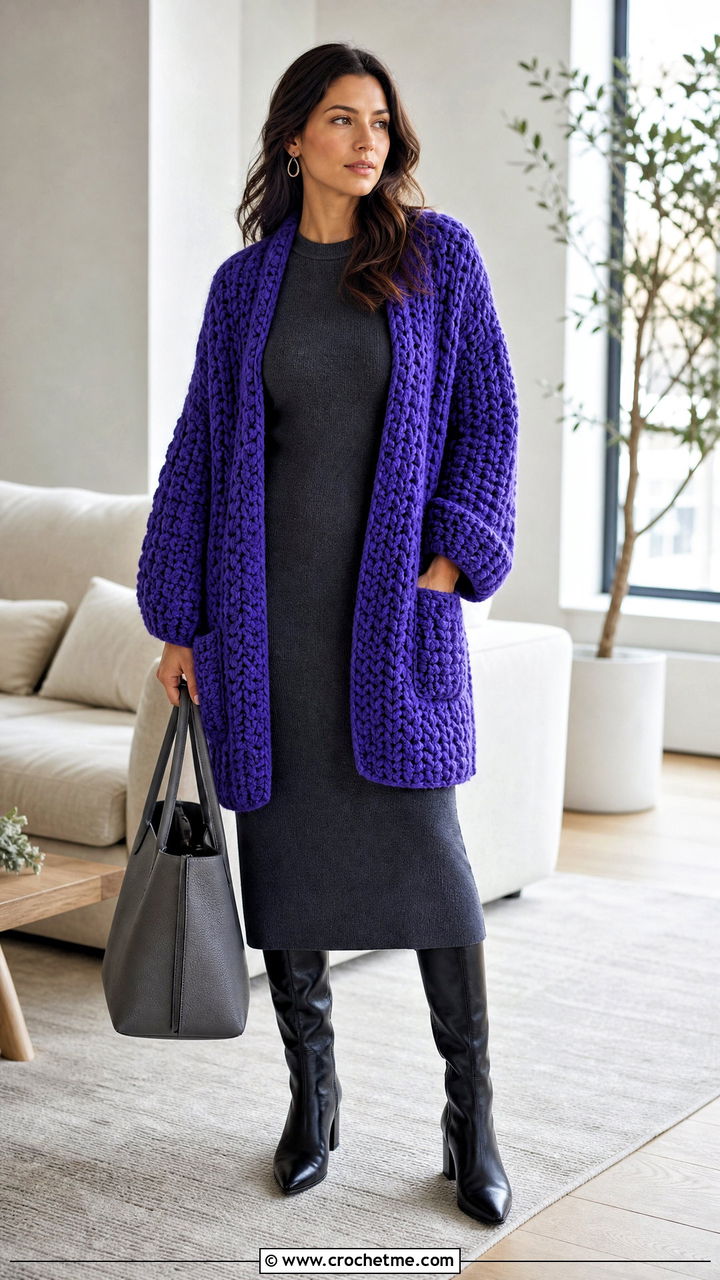 Chunky Crochet Cardigan With Pockets And Knit Dress - 35 crochet cardigan with pockets outfit ideas