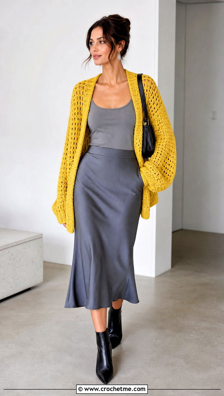Chunky Crochet Cardigan With Satin Midi Skirt - 25 Simple Crochet Cardigan For Women outfit ideas