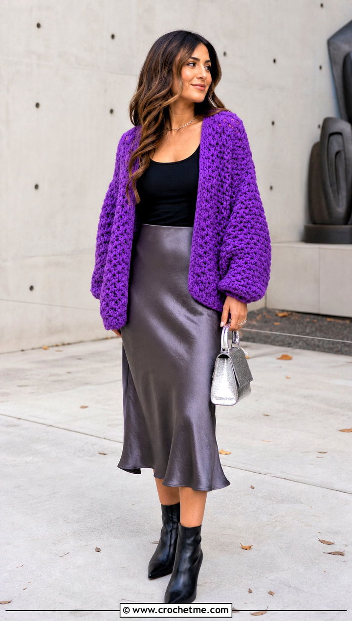 Chunky Crochet Cardigan With Satin Midi Skirt - 35 fall crochet cardigan outfit ideas