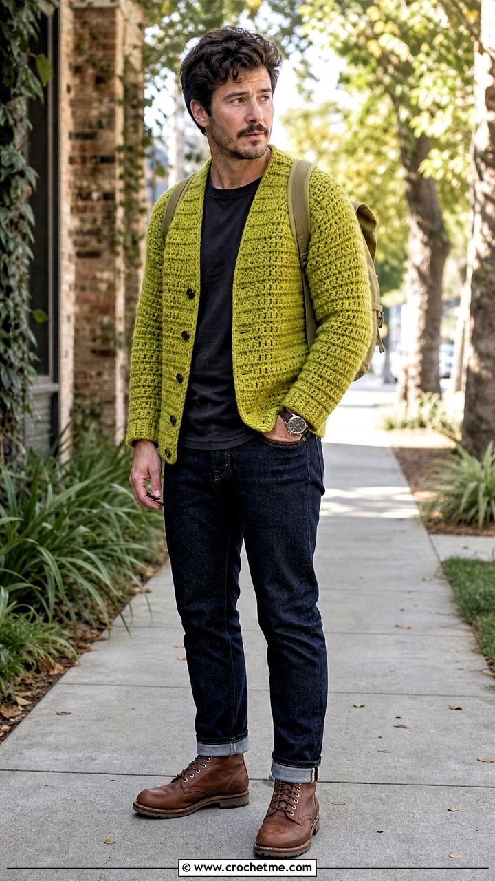 Chunky Crochet Cardigan With Selvedge Denim - 35 crochet cardigan men outfit ideas