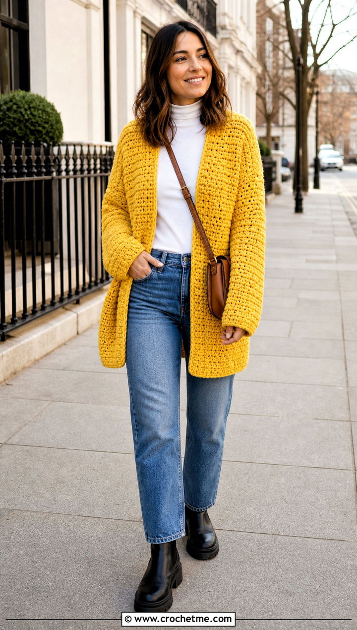 Chunky Crochet Cardigan With Straight Leg Jeans - 25 winter crochet outfit ideas