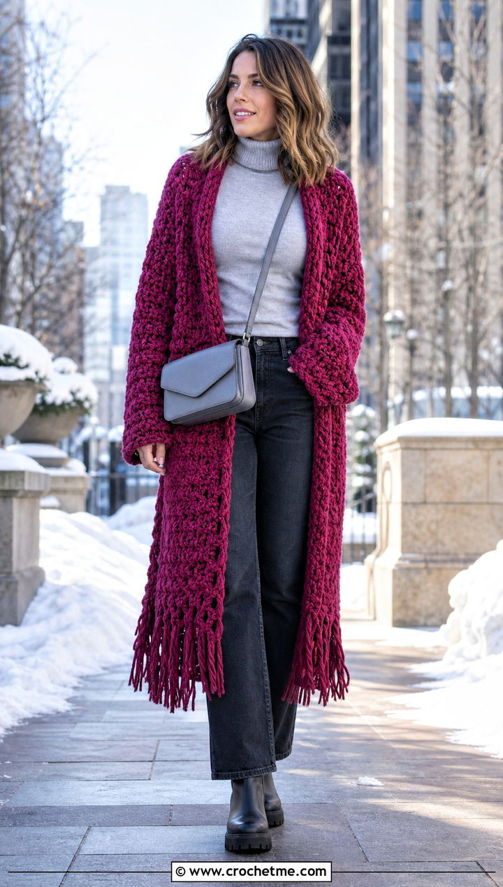 Chunky Crochet Cardigan With Turtleneck And Jeans - 15 long crochet cardigan with fringe outfit ideas