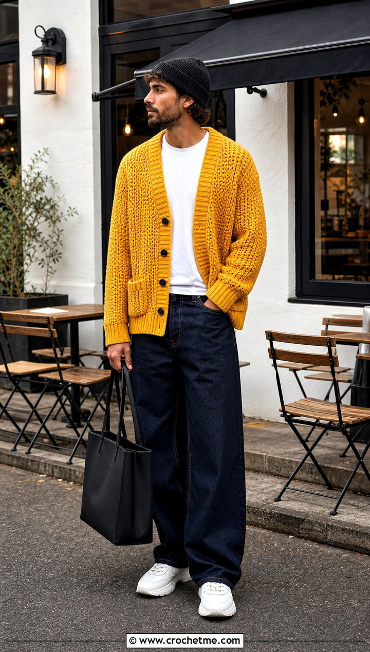 Chunky Crochet Cardigan With Wide Leg Jeans - 25 Crochet Guys Clothes and outfit ideas