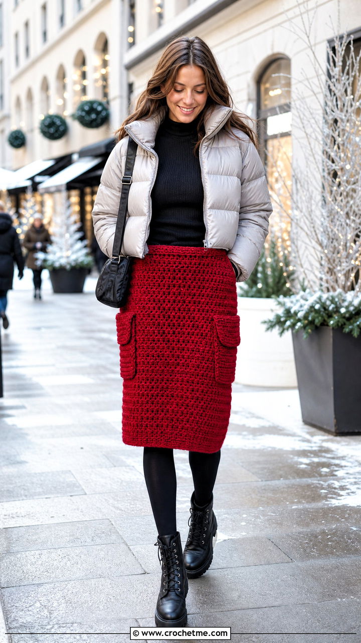 Chunky Crochet Cargo Skirt With Puffer Jacket - 35 crochet cargo skirt outfit ideas