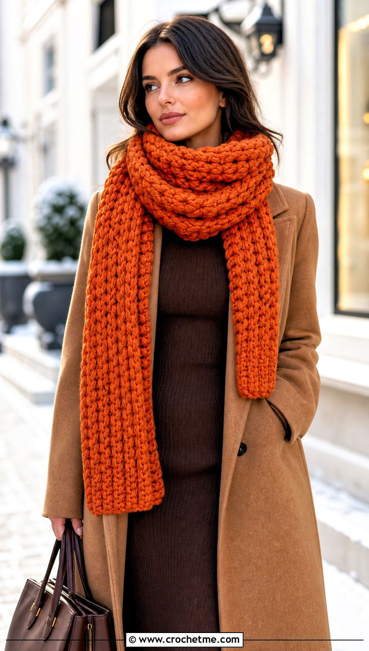Chunky Crochet Cashmere Scarf With Sweater Dress - 25 crochet cashmere scarf outfit ideas