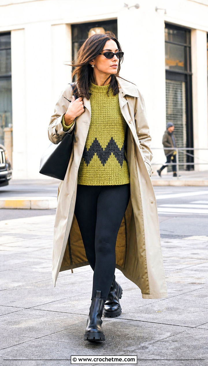 Chunky Crochet Charlie Brown Sweater With Leggings And Trench Coat - 15 Crochet Charlie Brown Sweater outfit ideas