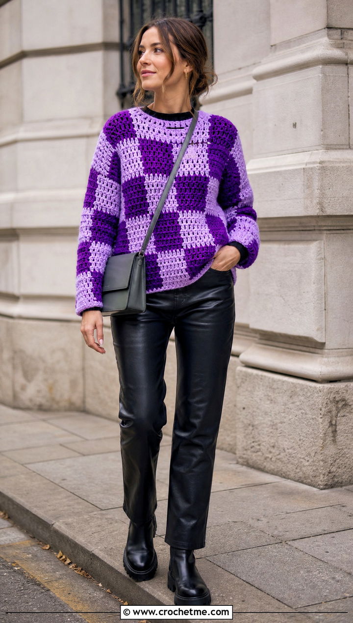 Chunky Crochet Checker Sweater With Leather Pants - 25 Crochet Checker Sweater outfit ideas