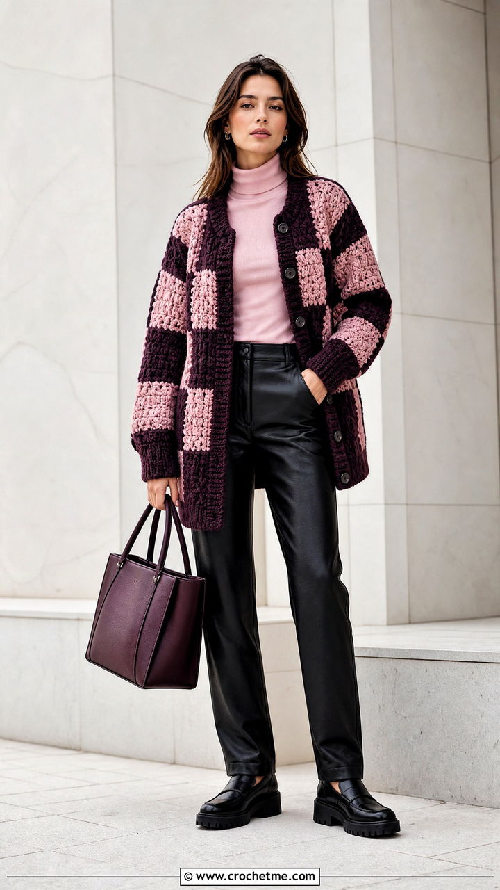 Chunky Crochet Checkered Cardigan With Leather Pants - 35 crochet checkered cardigan outfit ideas