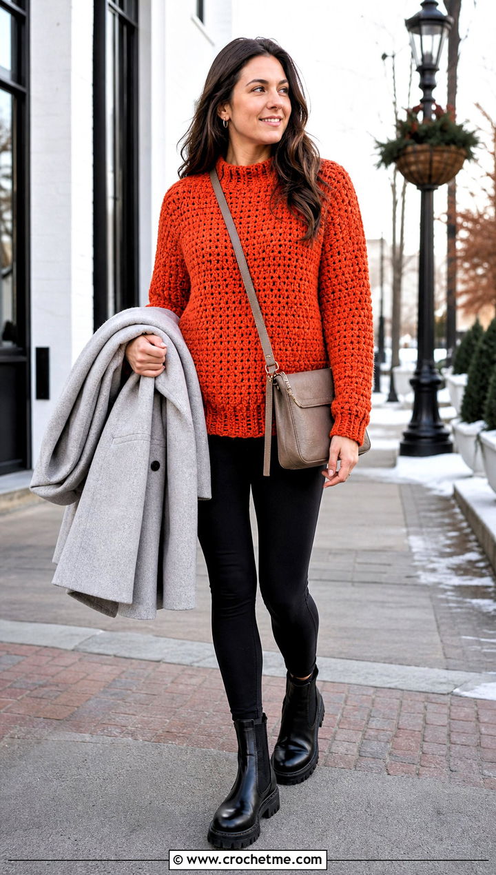Chunky Crochet Chenille Sweater With Leggings And Boots - 25 crochet chenille sweater outfit ideas