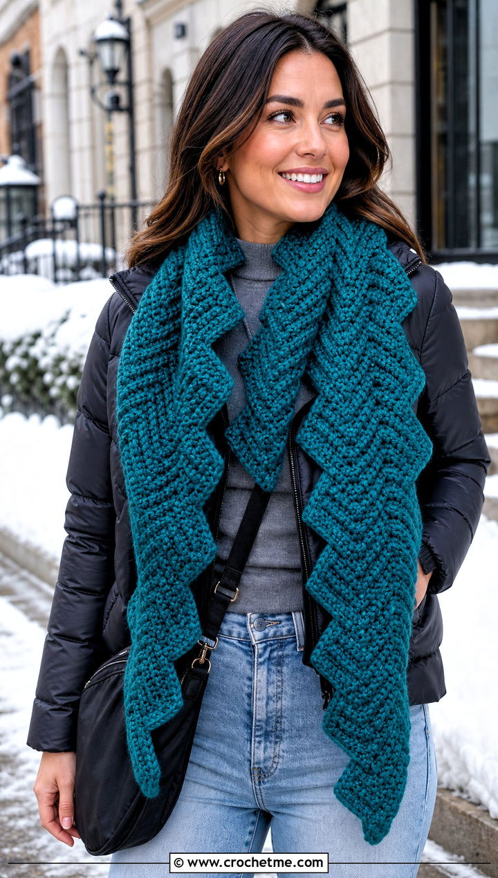 Chunky Crochet Chevron Scarf With Puffer Jacket - 20 Crochet Zig Zag Scarf outfit ideas