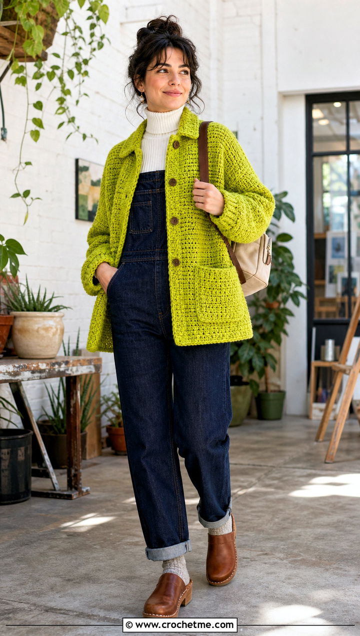 Chunky Crochet Chore Coat With Denim Overalls - 25 Chunky Crochet Coat outfit ideas