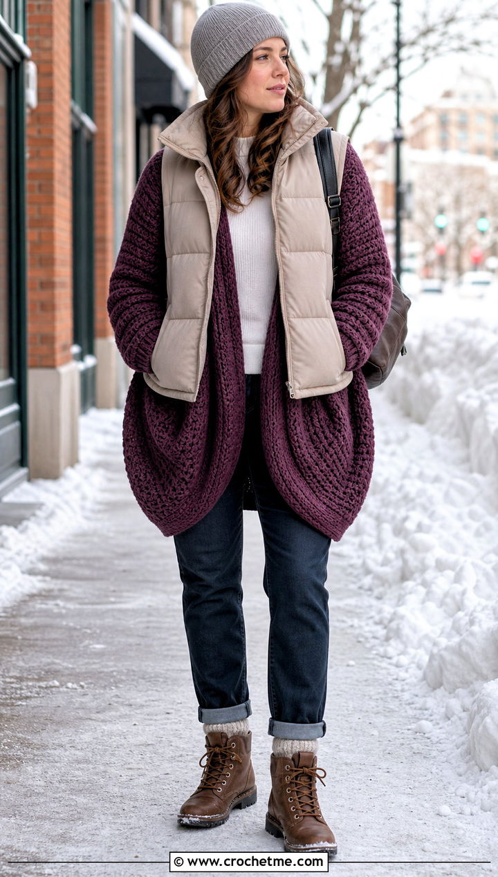 Chunky Crochet Circle Cocoon Sweater With Puffer Vest - 25 crochet circle sweater outfit ideas
