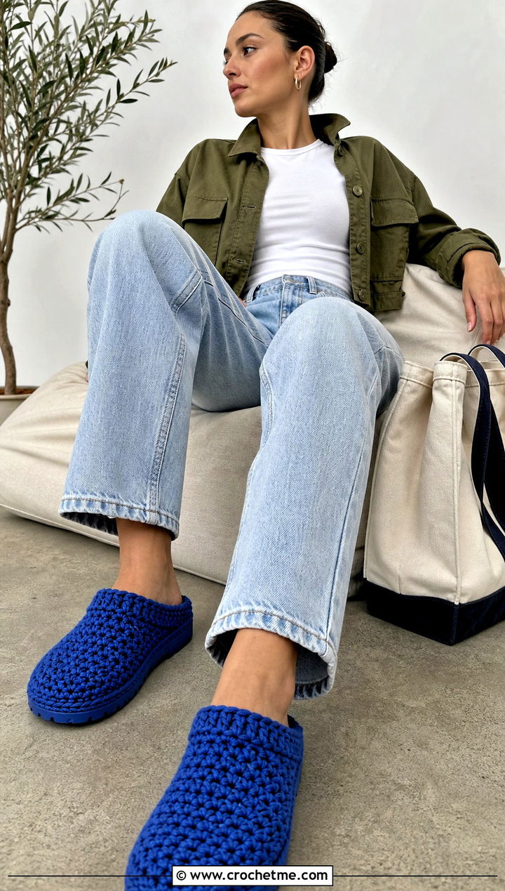 Chunky Crochet Clog Slippers With Straight Leg Jeans - 30 chunky crochet slippers outfit ideas