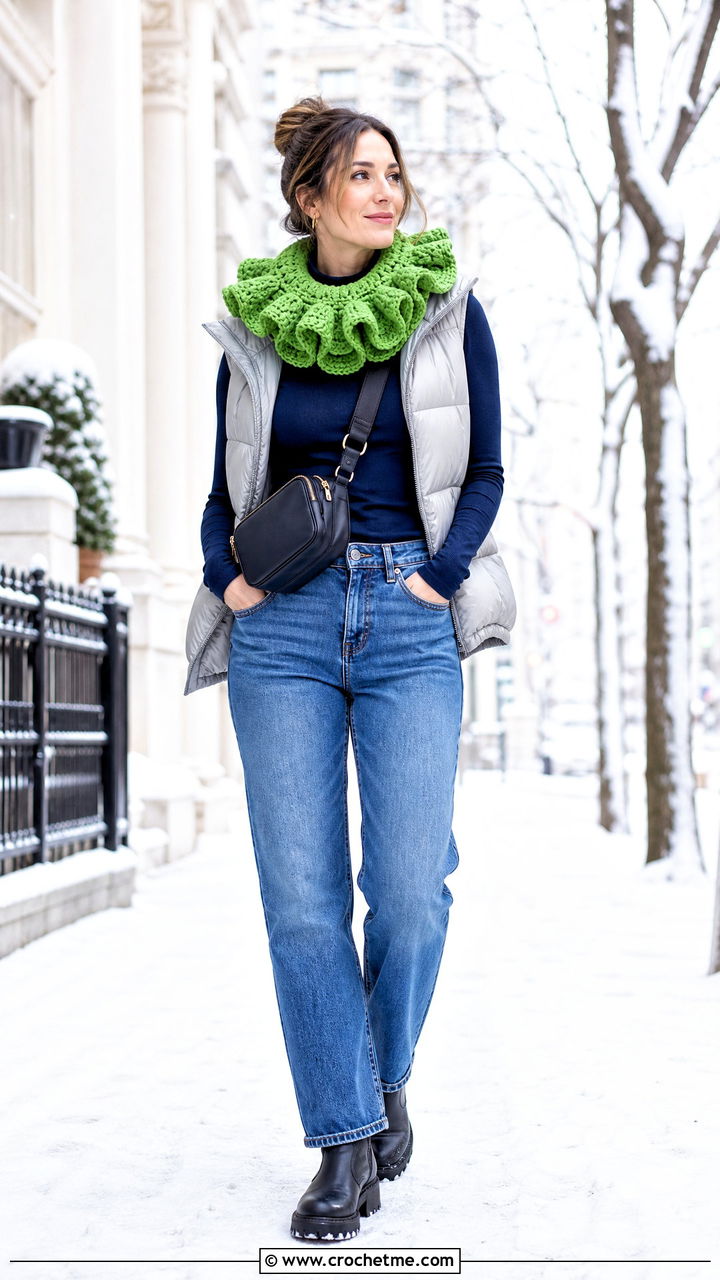 Chunky Crochet Clown Collar With Puffer Vest - 35 crochet clown collar outfit ideas