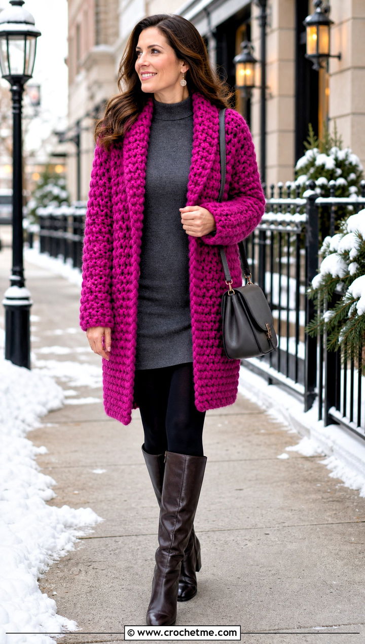 Chunky Crochet Coat With A Sweater Dress - 25 Crochet Coat For Women outfit ideas
