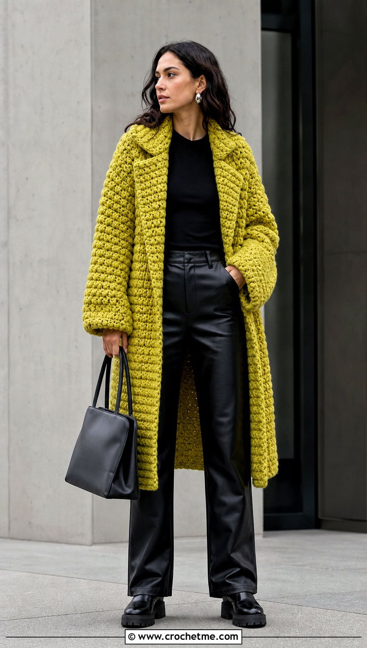 Chunky Crochet Coat With Leather Pants - 30 women crochet coat outfit ideas