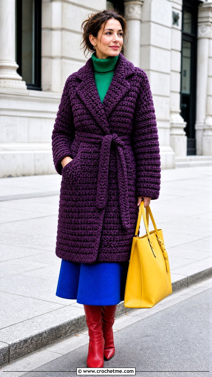 Chunky Crochet Coat With Turtleneck And Midi Skirt - 35 crochet outfits ideas