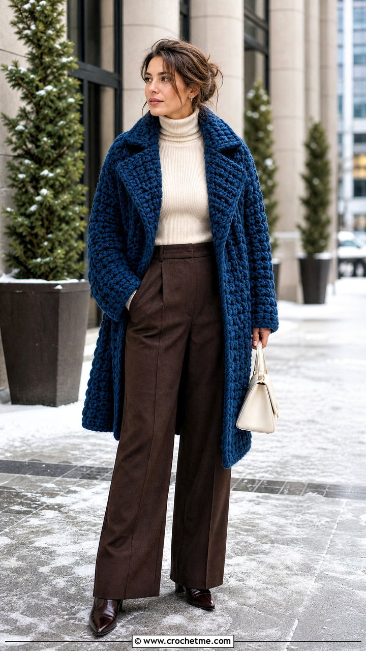 Chunky Crochet Coat With Turtleneck And Trousers - 35 crochet garments outfit ideas