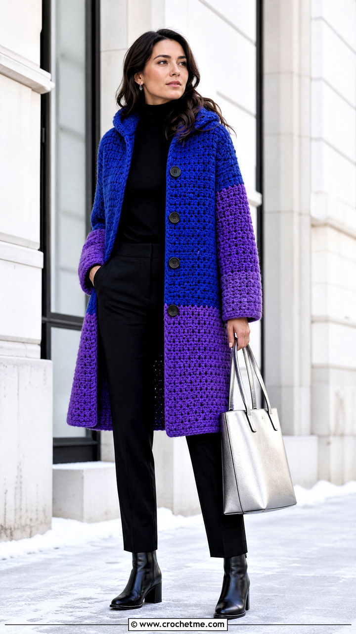 Chunky Crochet Coat With Turtleneck And Trousers - 35 crochet clothing and outfit ideas