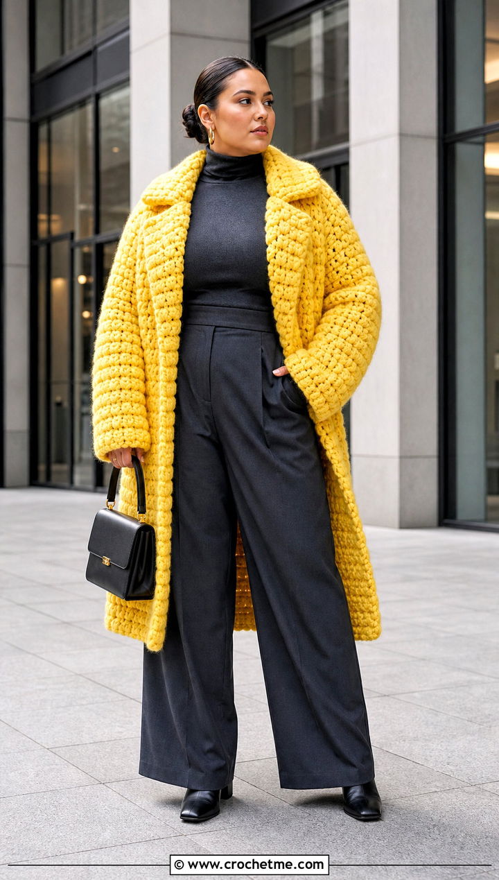 Chunky Crochet Coat With Wide Leg Trousers - 15 beginner crochet coat outfit ideas