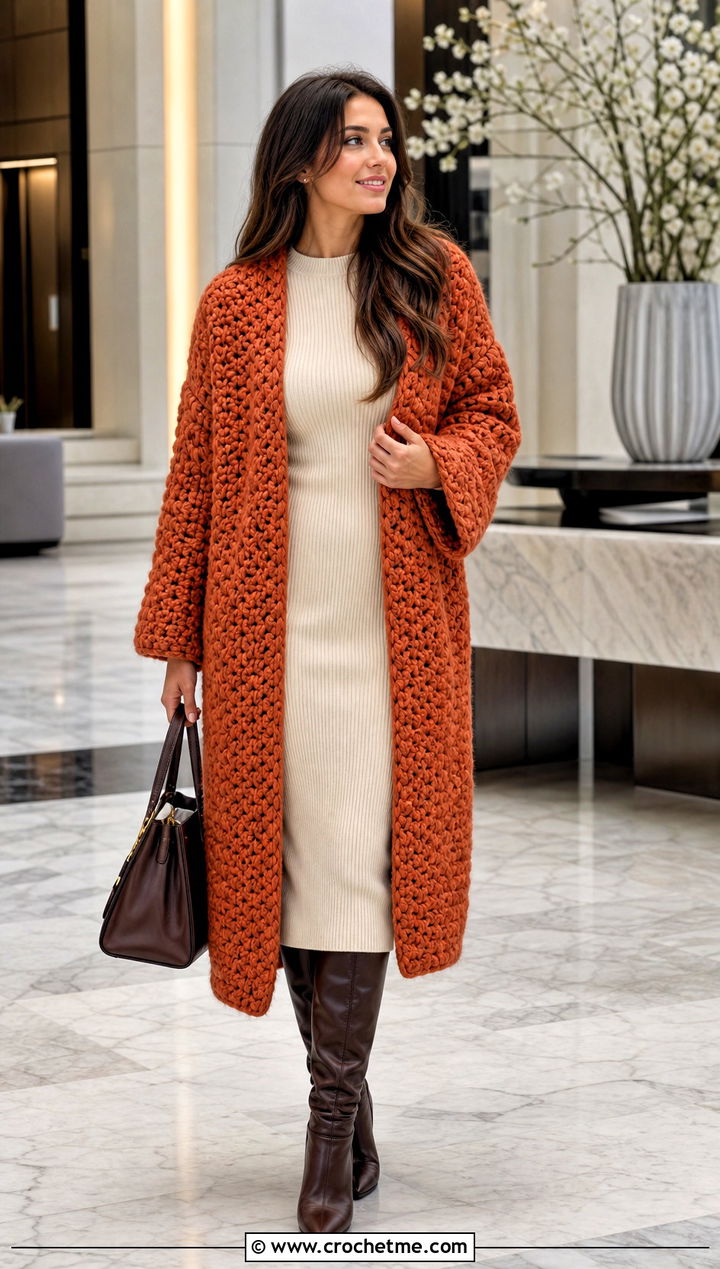 Chunky Crochet Coatigan With Knit Dress - 15 Ultimate Lounge Crochet Cardigan outfit ideas
